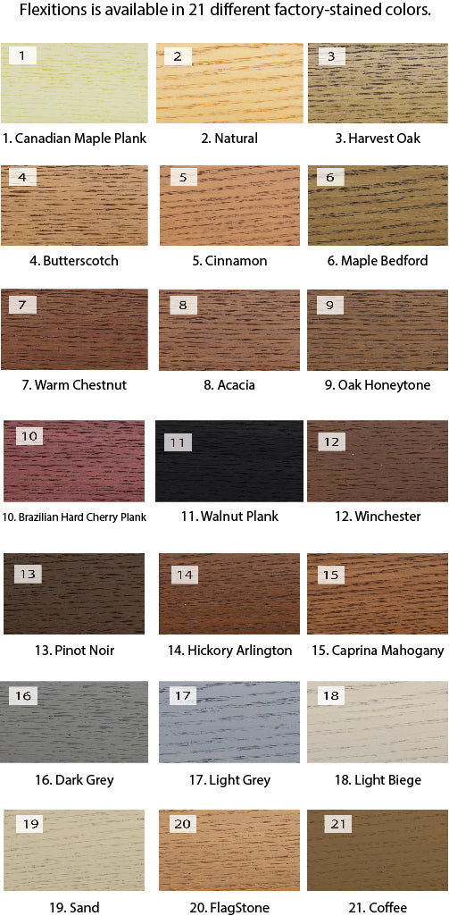 Color Chart for Stainable Flexible Base Shoe Molding 1/2" x 3/4"